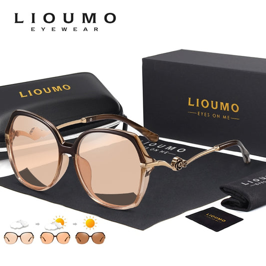 LIOUMO Brand Women Polarized Sunglasses Photochromic Design Big Frame Elegant Lady Sun Glasses Chameleon UV400 lunette de soleil