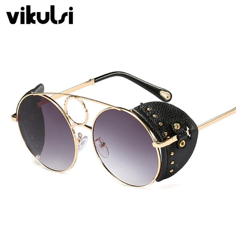 Unisex Celebrity Luxury Round Sunglasses Women Italy Brand Designer Leather Rivet Punk Sun Glasses For Female Men Trend Sunglass